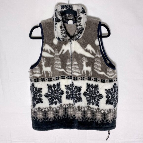 Vintage Mazmania Brown and Black Winter Forest Print Fleece Sherpa Vest M - Picture 1 of 15